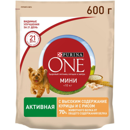 Purina ONE МИНИ сух. для активных собак мелких пород с курицей и рисом 600г